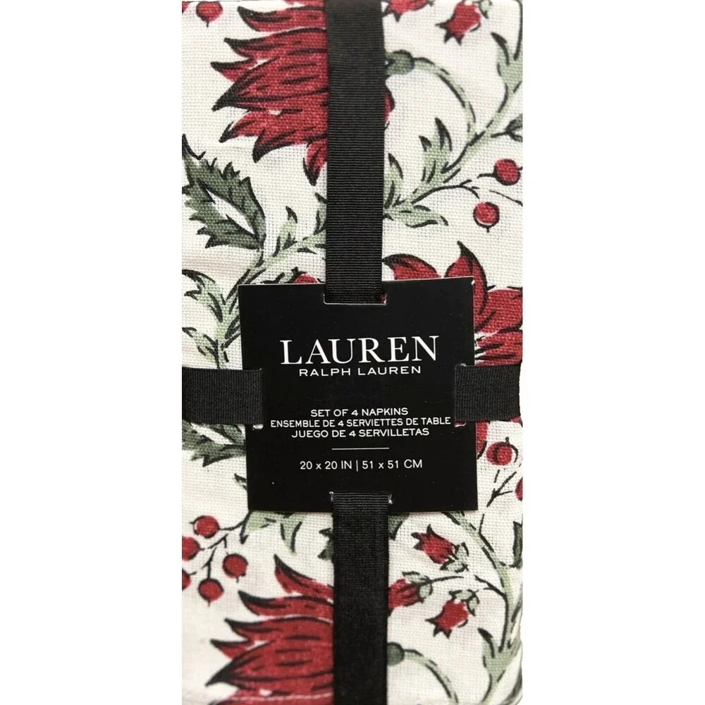 Ralph Lauren Christmas Poinsettia Napkins Fabric Holiday White Red Green Set of4